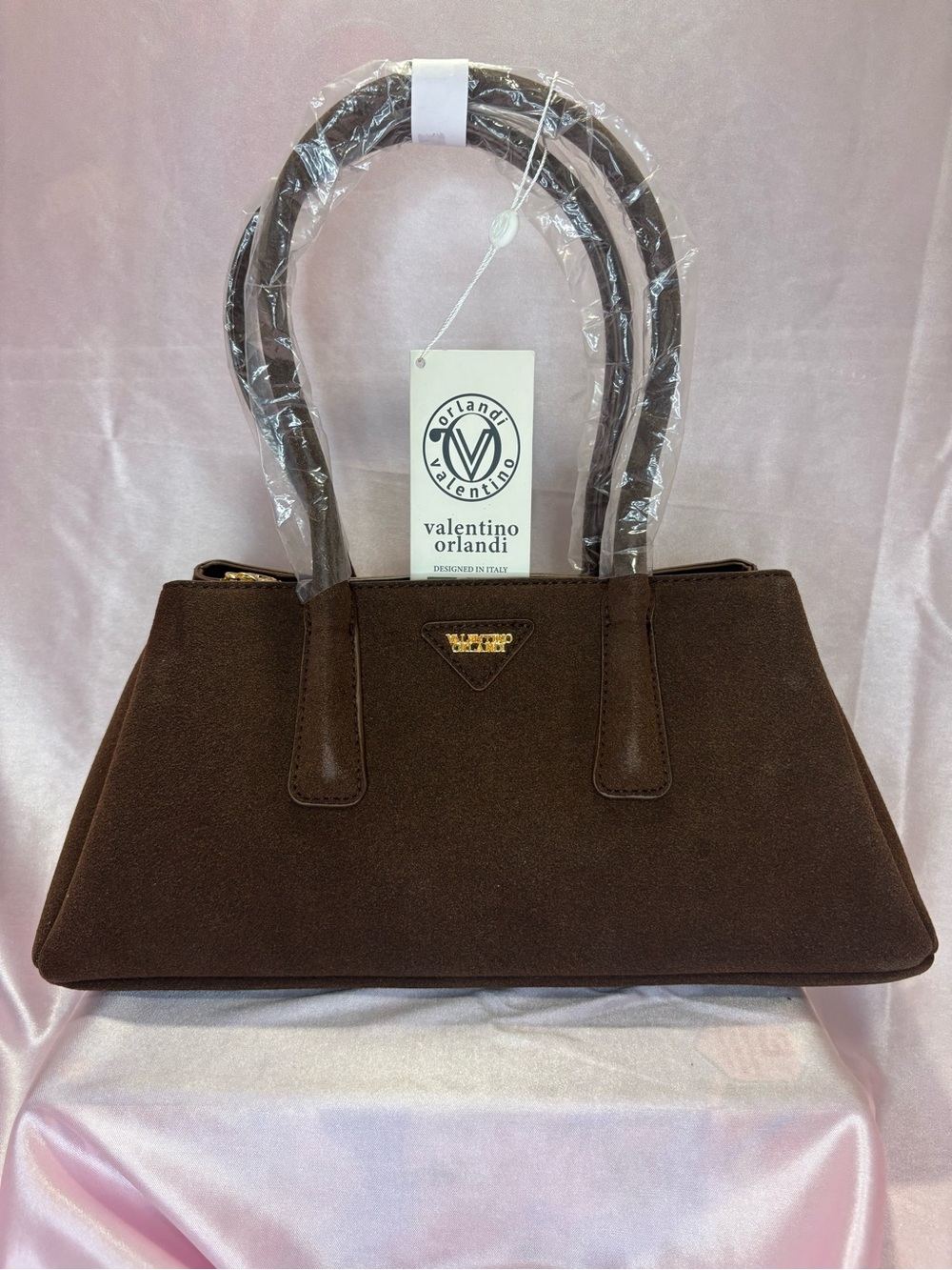 Valentino Orlandi Dark Brown Suede Shoulder Bag with Gold Logo